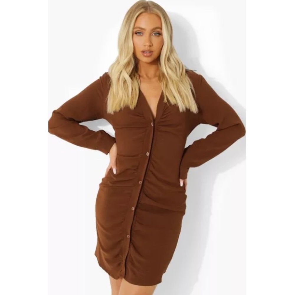 BOOHOO CHOCOLATE LINEN LOOK RUCHED SHIRT DRESS sz 10